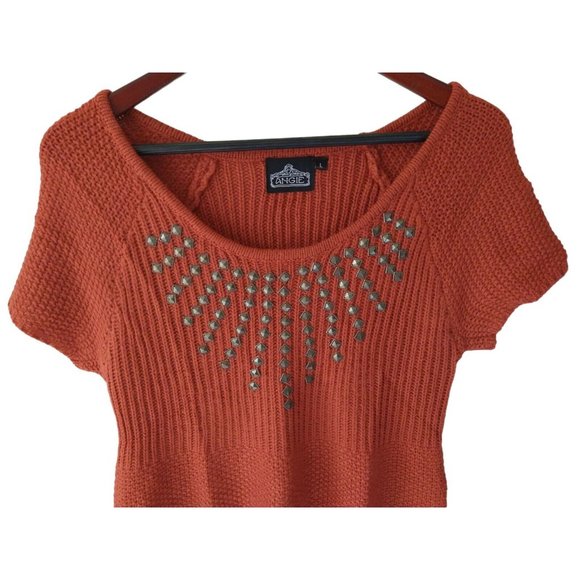 Angie Knit Sweater Dress Studded Chest Orange Pocketed Mohair Like Women's Large - Picture 2 of 8